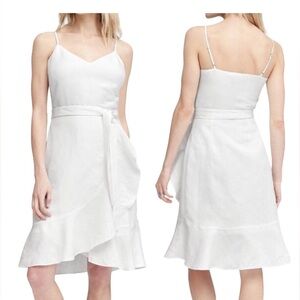 Banana Republic Linen Dress Tie Belt Waist Ruffle Faux Wrap Mini White Womens 2
